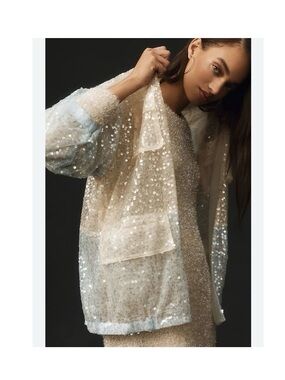By Anthropologie Sequin Bomber Jacket Open Front Cream Blue Color Block One Size